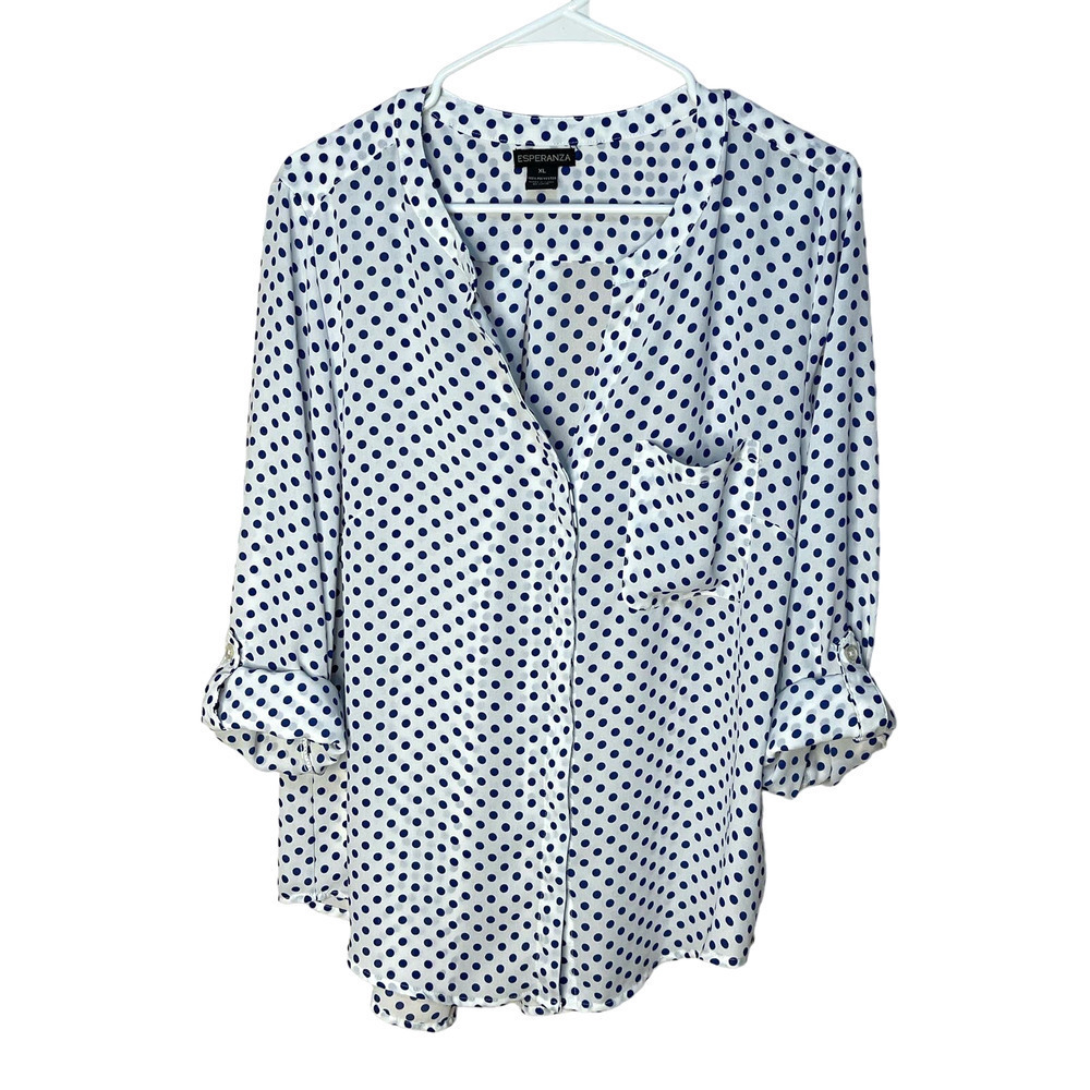 Esperanza Womens Blouse Roll Tab Sleeves Banded Collar‎ V-Neck Dotted Size XL